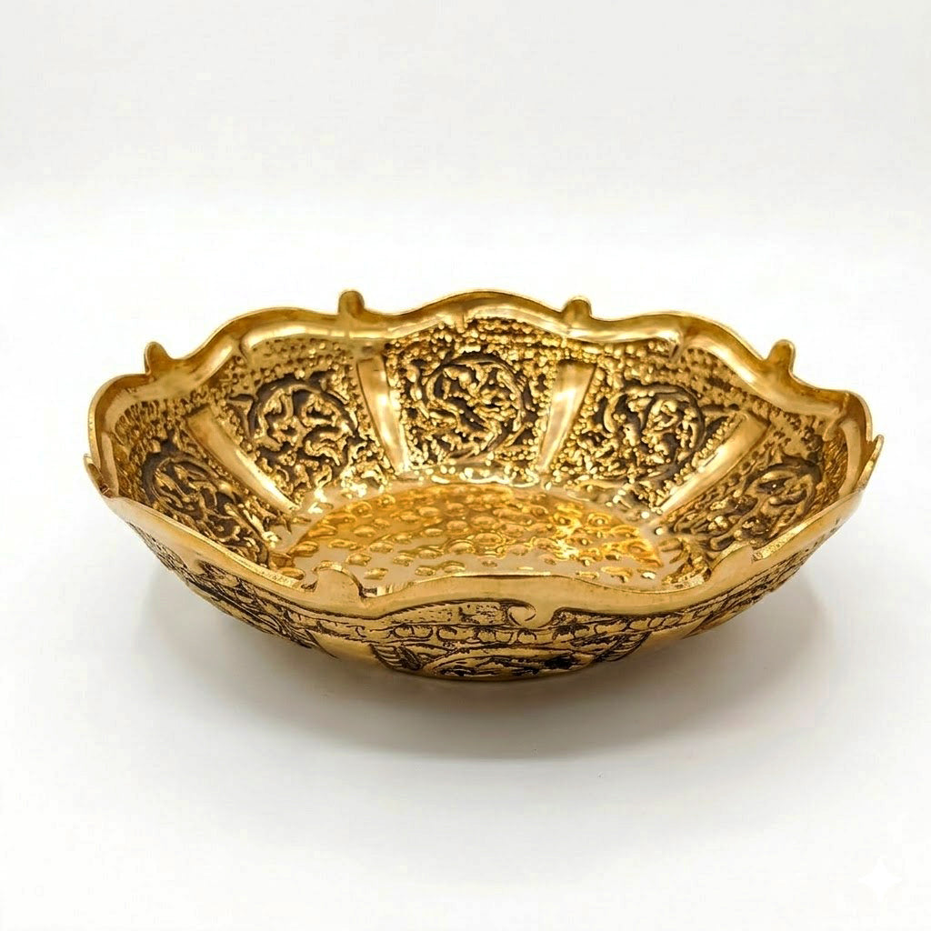 Antique Floral Embossed Decorative Brass Urli 9.5 Inch