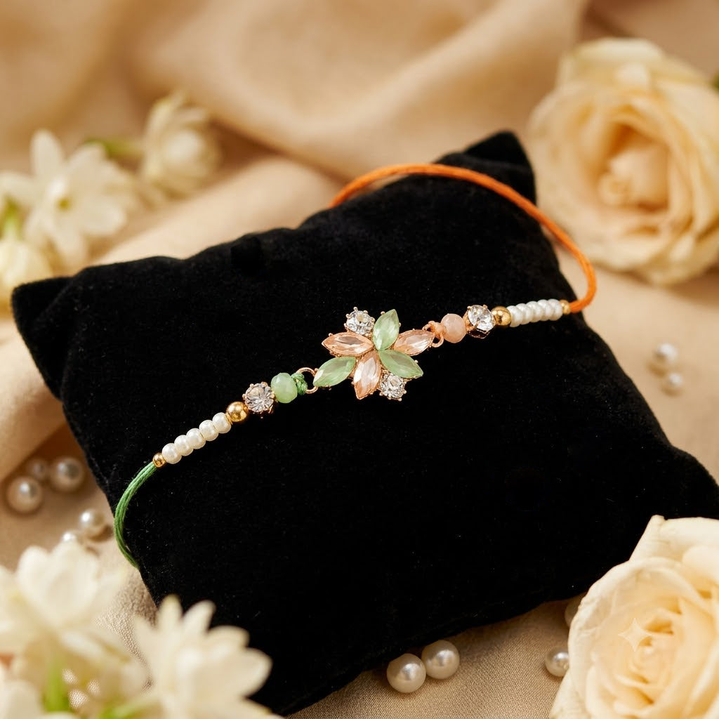 Elegant Pastel Crystal Floral Center Piece Designer Rakhi