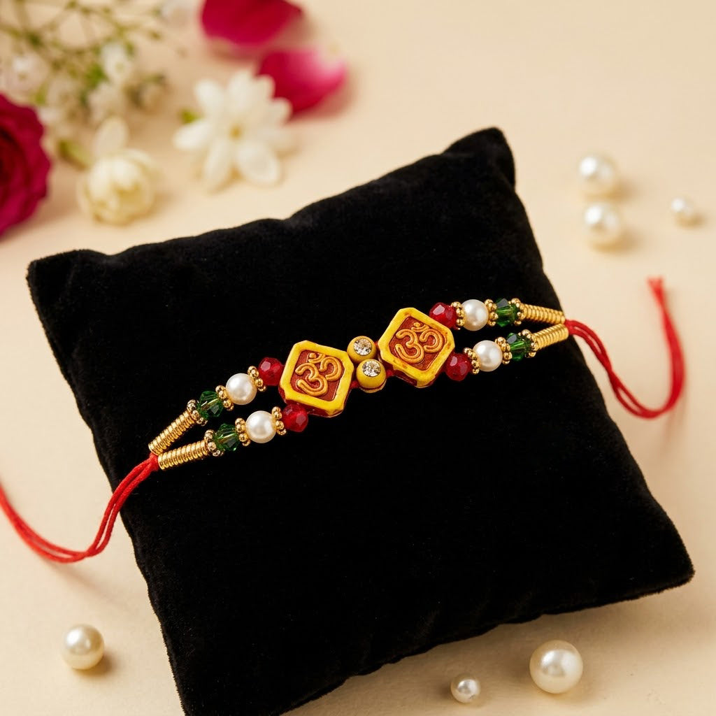 Devotional Twin Om Symbol Stone Studded Designer Rakhi