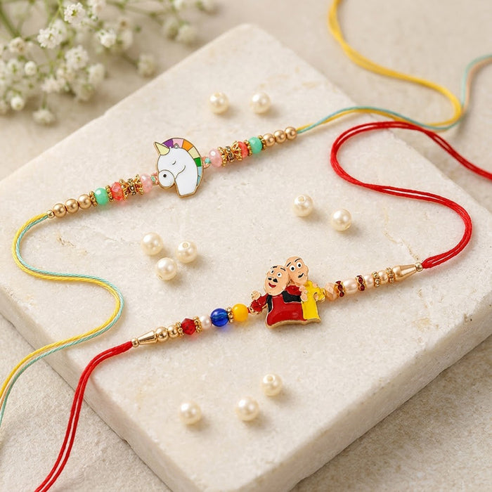 Cute Motu Patlu Pastel Rainbow Unicorn Kids Rakhi (Set of 2)
