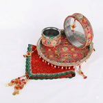 11 Pc Stunning Red Embroidery Karwa Chauth Thali Set