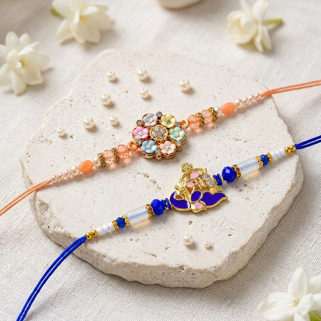 Handcrafted Pastel Floral Divine Peacock Rakhi (Set of 2)