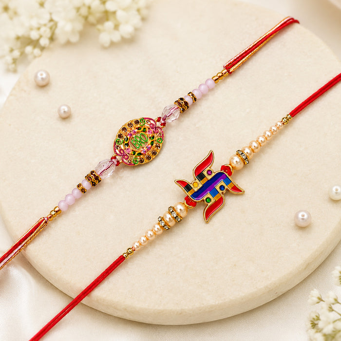 Stone Studded BRO Dial and Swastik Symbol Rakhi (Set of 2)