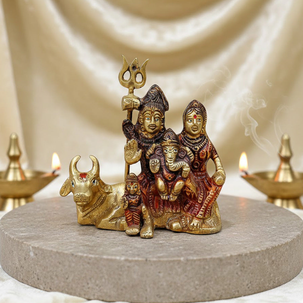 4.7 Inch Sampurna Shiv Parivaar with Nandi, a beautifully crafted brass idol featuring Lord Shiva, Parvati, Lord Ganesha, and Nandi, symbolizing divine family blessings and prosperity. No.1 Brass Idol Store www.satvikstore.in 