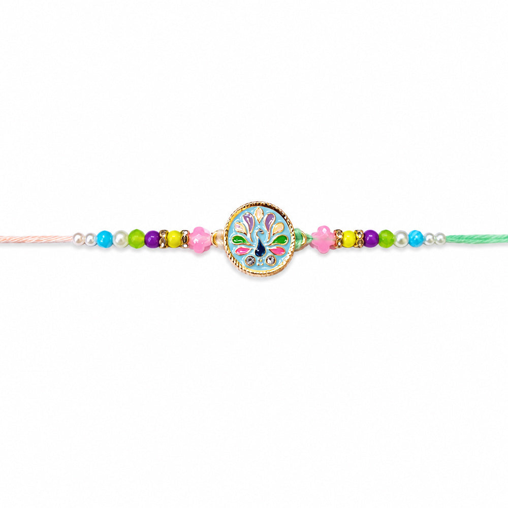Traditional Peacock Enamel Dial Rainbow Beaded Rakhi
