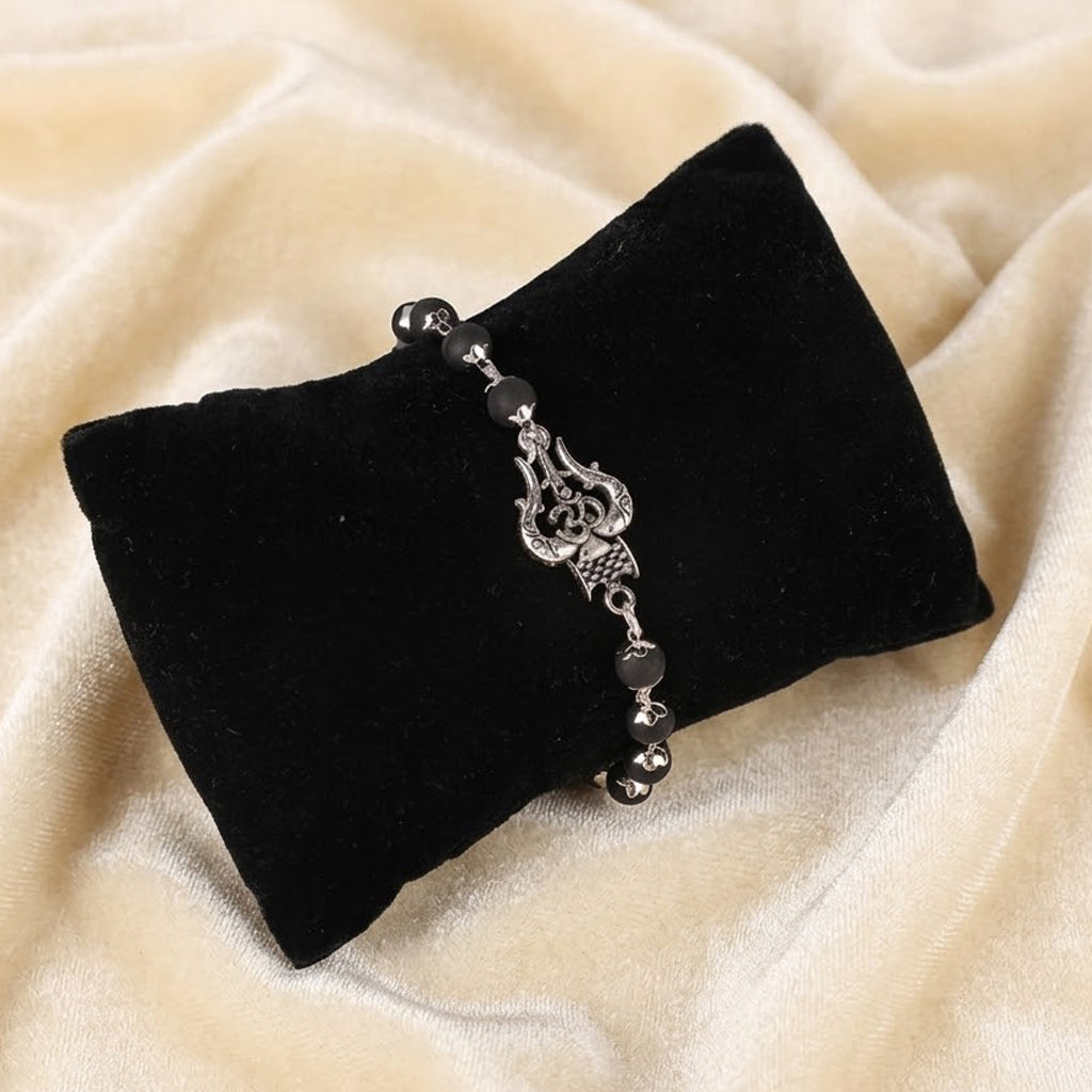 Silver Plated Karungali Bracelet with Om Trishul Charm