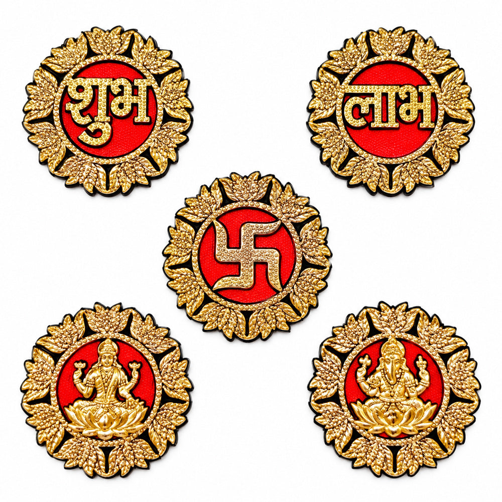 Ornate Round Gold Finished Shubh Labh and Deity Stickers Set of 5