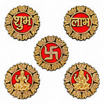 Ornate Round Gold Finished Shubh Labh and Deity Stickers Set of 5