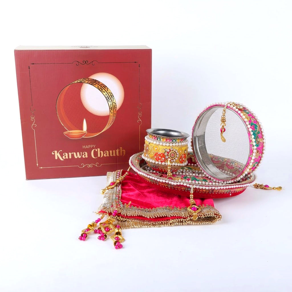 11 Pc Deep Pink Embroidery Karwa Chauth Thali Set