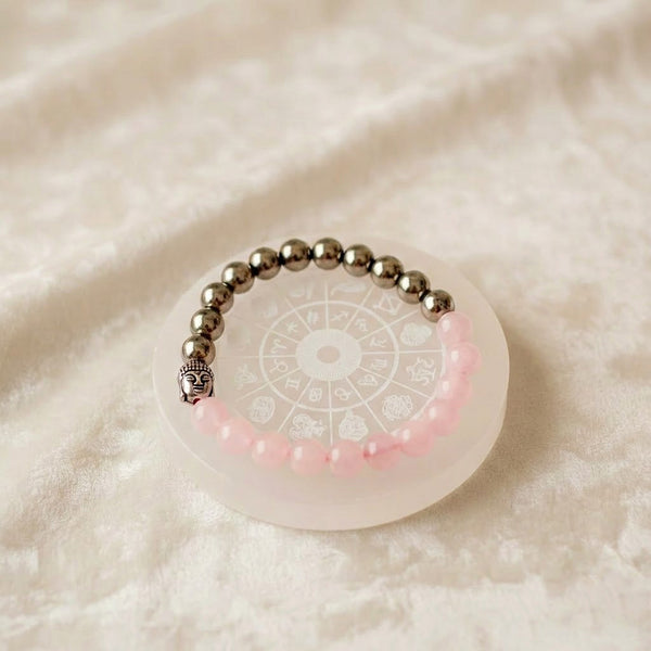Rose Quartz Buddha & Golden Pyrite Bracelet With Selenite Zodiac Plate Combo