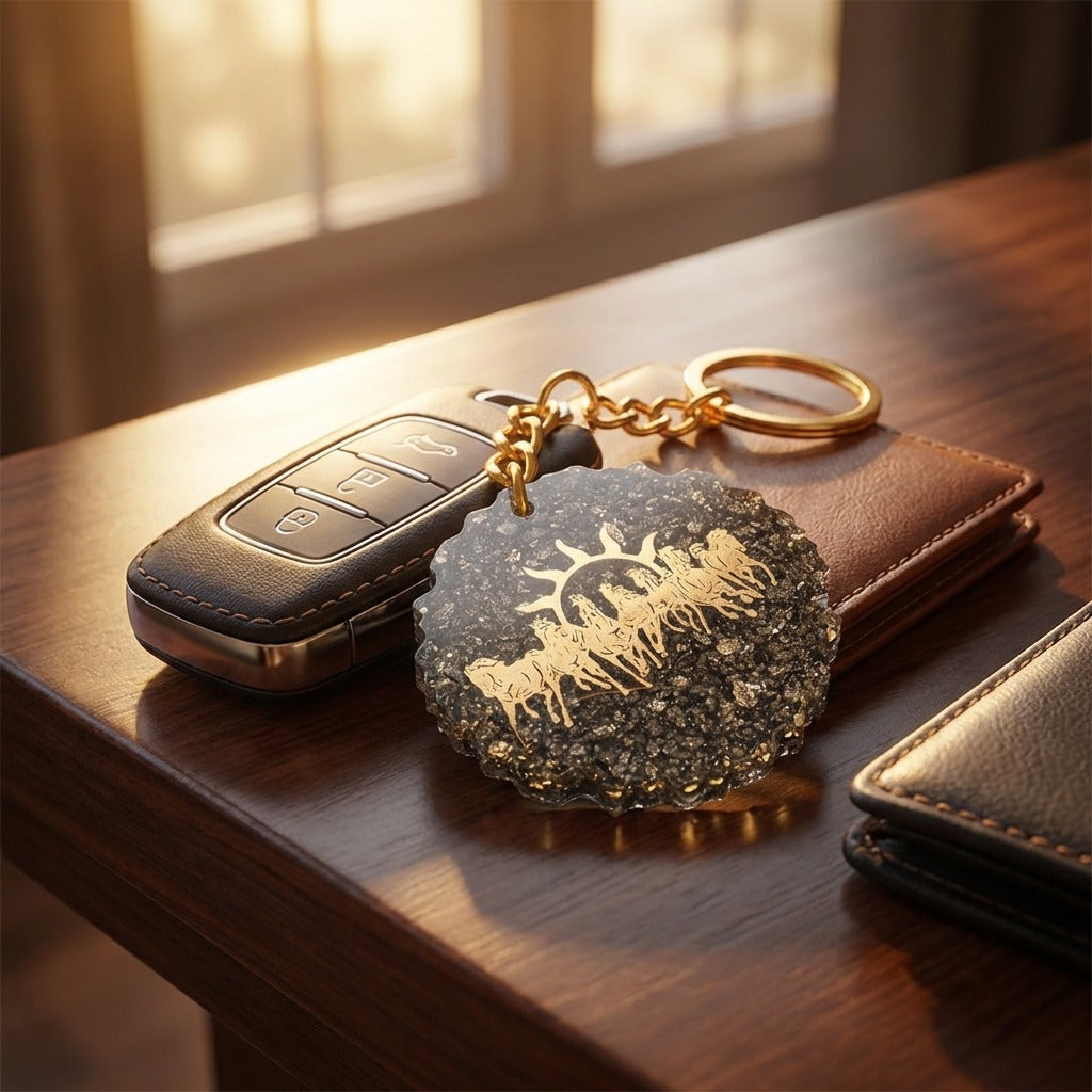 Pyrite 7 Horse Keyring Spiritual Prosperity & Positive Energy