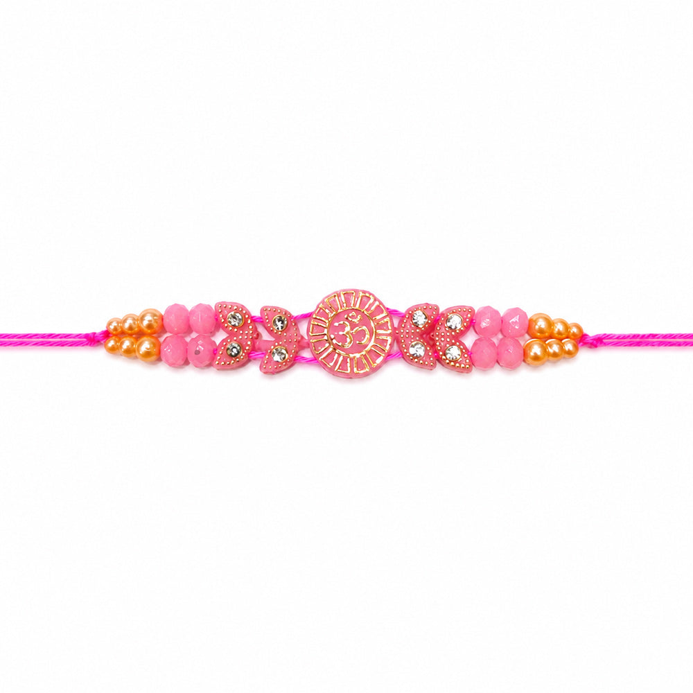Traditional Devotional Pink Om Centerpiece Stone Encrusted Rakhi