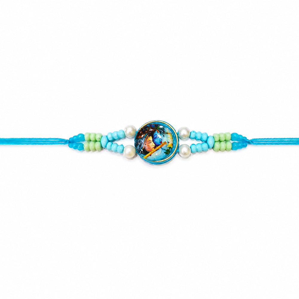 Divine Radha Krishna Emblem Pearl Accent Sky Blue Rakhi