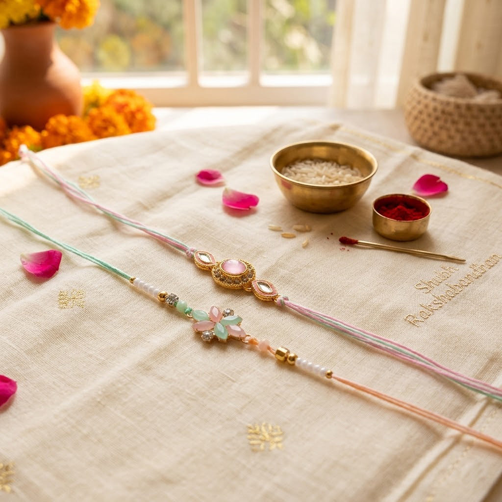 Pastel Pink Oval Stone Floral Cluster Designer Rakhi (Set of 2)