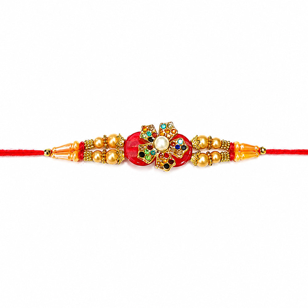 Multicolor Stone Floral Motif Golden Pearl Beaded Rakhi