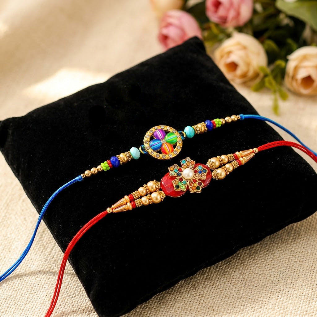 Multi Color Pinwheel and Red Floral Medallion Rakhi (Set of 2)