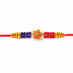 Vibrant Red Blue Crystal and Yellow Bead Wooden Floral Rakhi