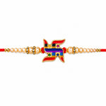 Multicolor Striped Swastik Emblem Golden Pearl Rakhi