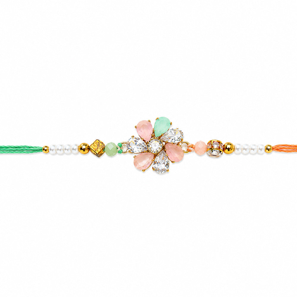 Green and Peach Crystal Floral Emblem Pastel Stones Rakhi