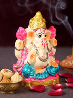 4 Inch Eco Friendly Ganesha Idol with Pink Lotuses & Golden Mukut