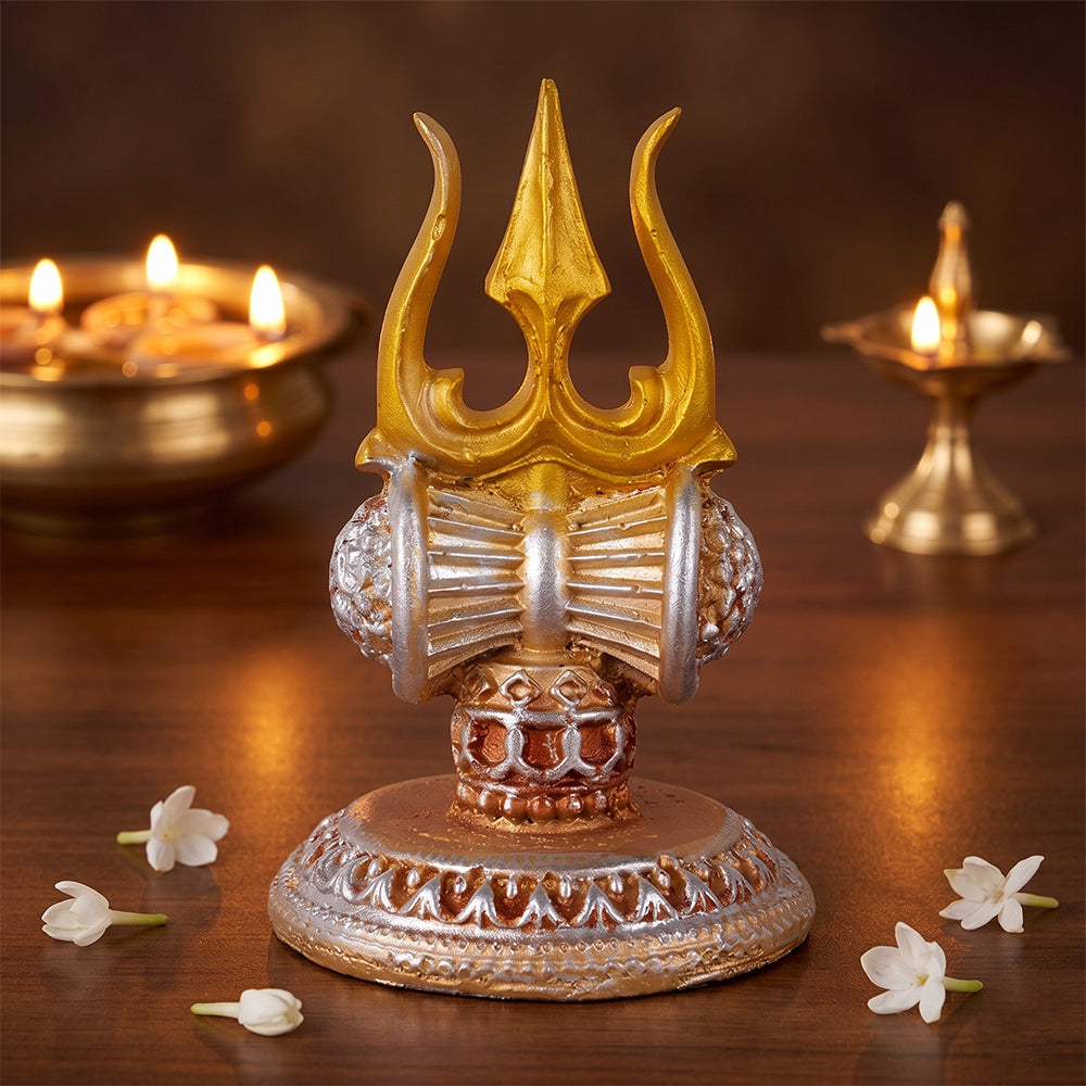 Premium Silver & Gold Lord Shiva Trishul with Damru Resin Statue
