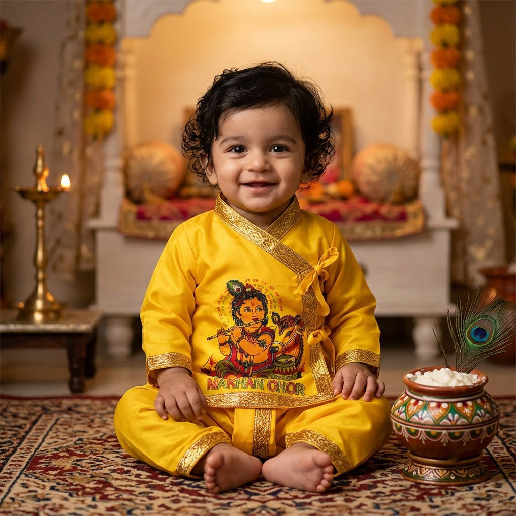 Size 1 Makhan Chor Yellow Krishna Dress with Golden Border