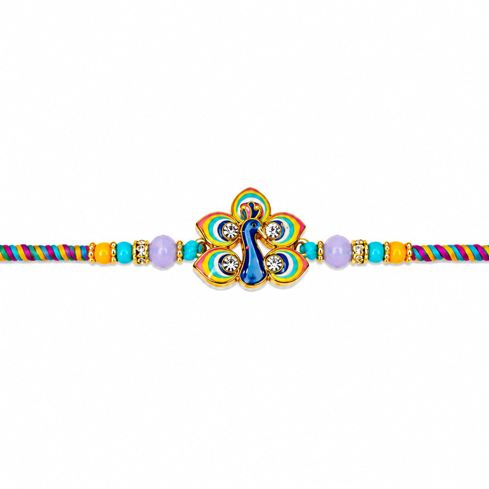 Elegant Peacock Feather Motif Stone Studded Designer Rakhi