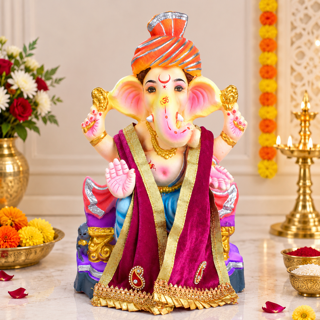 Pink Velvet Ganpati Idol Patka with Gold Border