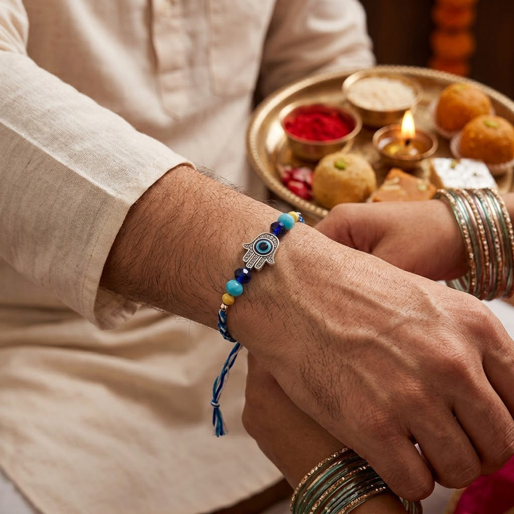 Modern Protection Hamsa Hand and Blue Evil Eye Rakhi (Set of 2)