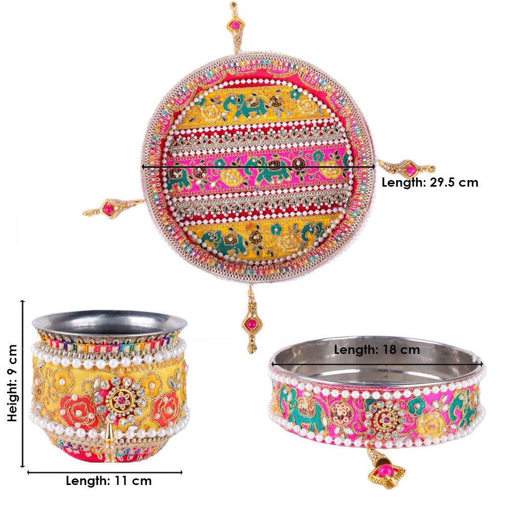 11 Pc Deep Pink Embroidery Karwa Chauth Thali Set