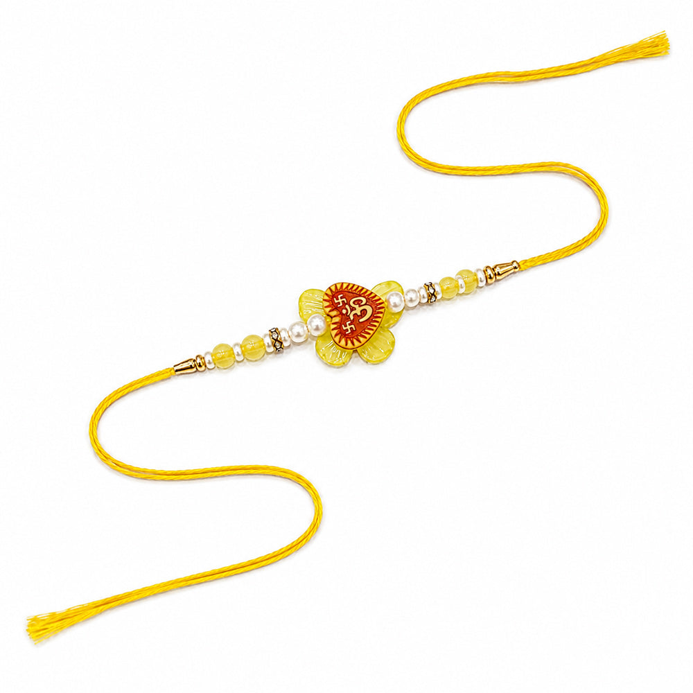 Cute Heart Om and Swastik Yellow Flower Kids Rakhi