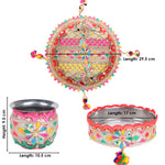 11 Pc Golden Criss Cross Peacock Designer Karwa Chauth Thali Set