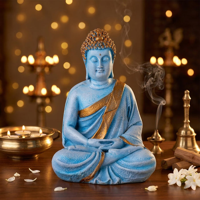 Meditating Cerulean Blue Buddha Resin Statue