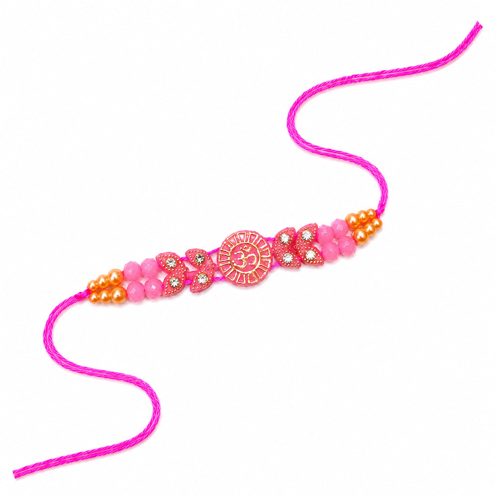 Traditional Devotional Pink Om Centerpiece Stone Encrusted Rakhi