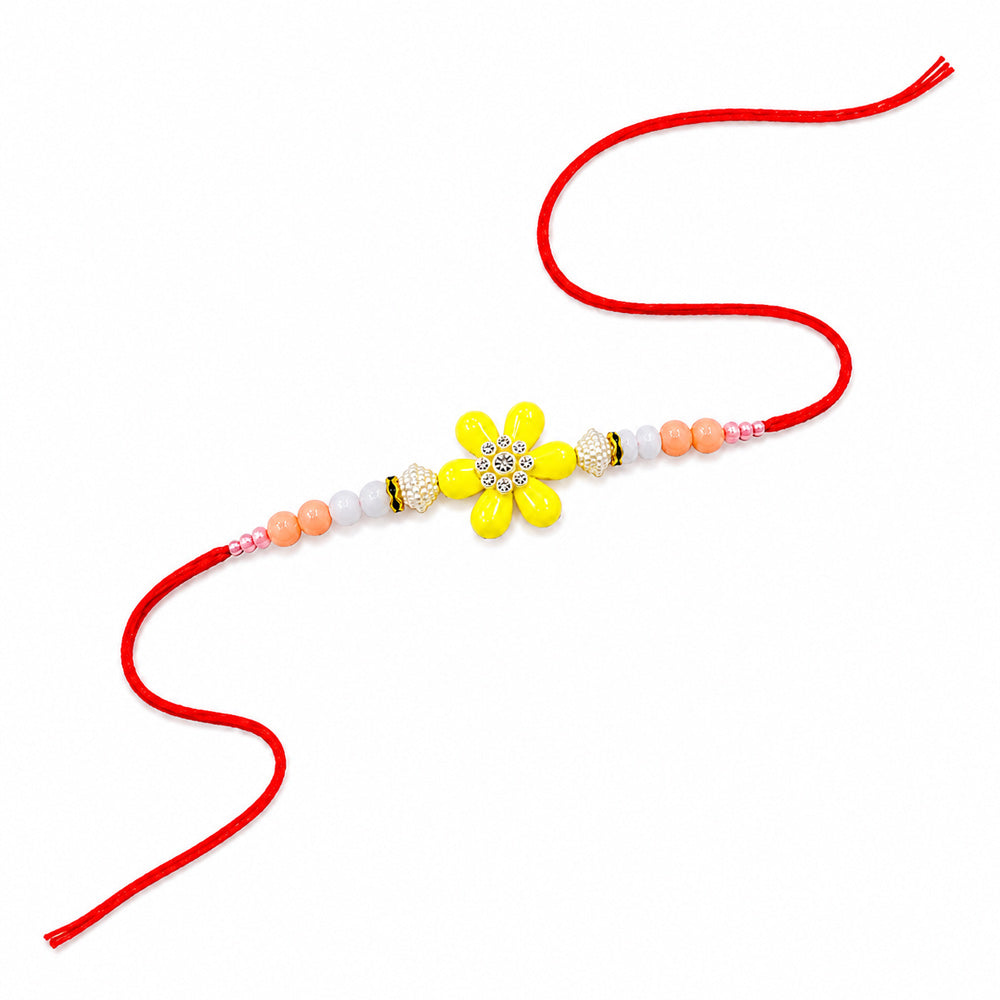 Vibrant Yellow Flower Medallion Peach Coral Bead Rakhi