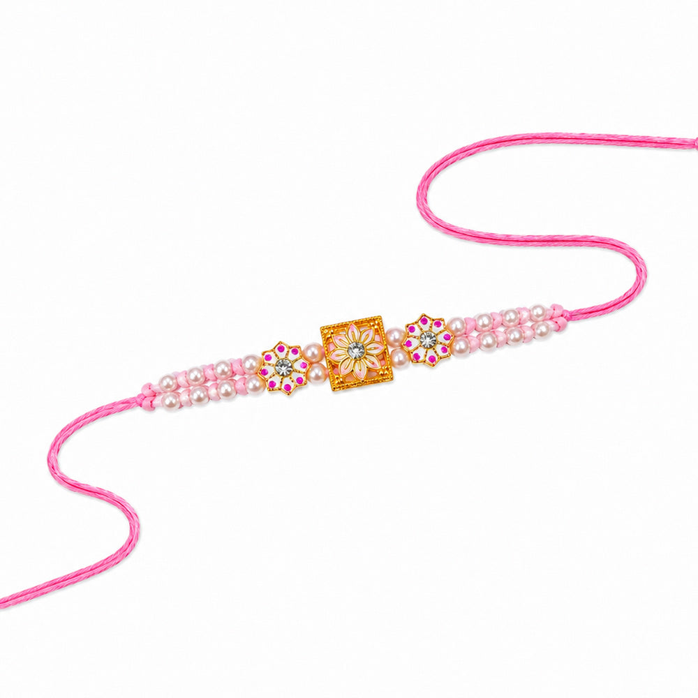 Pink Pearl Double Line Floral Meenakari Designer Rakhi