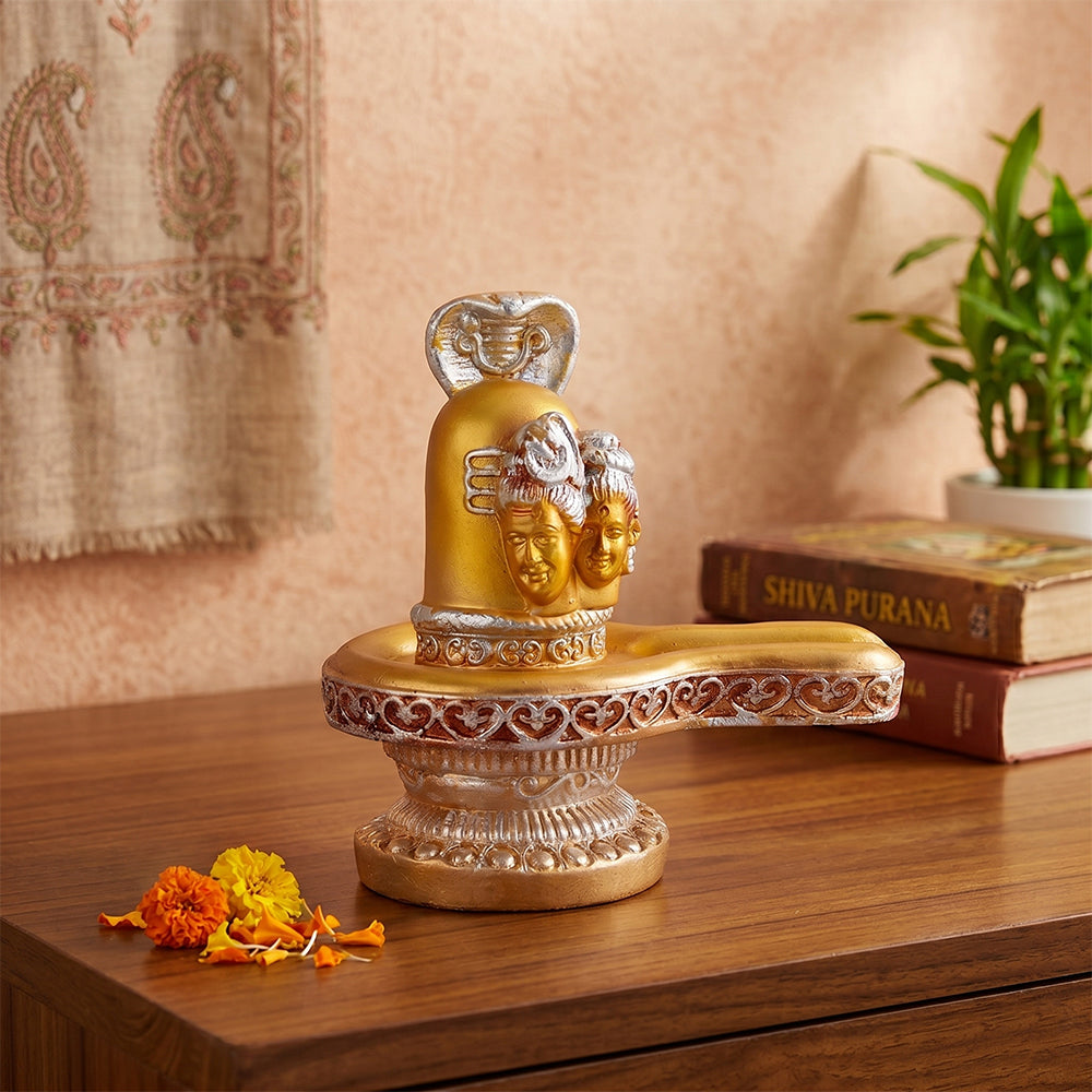 Premium Silver & Gold Shivling Resin Statue