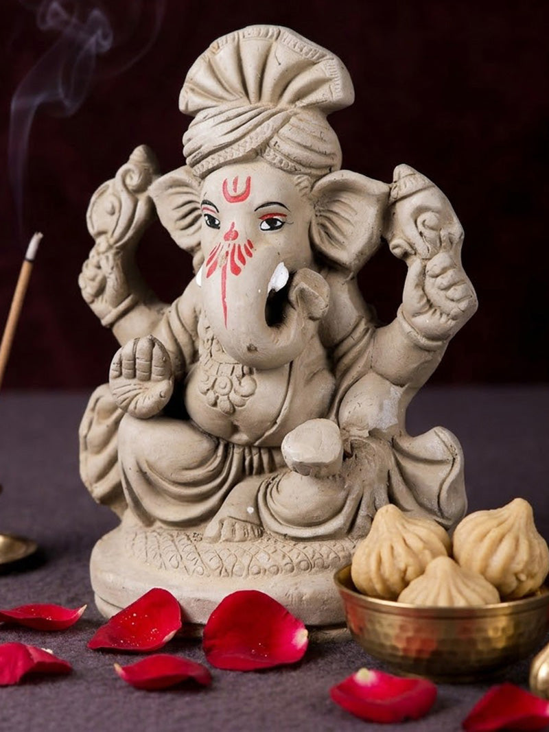 6 Inch Traditional Eco-Friendly Natural Clay Ganesha Idol with Pagdi