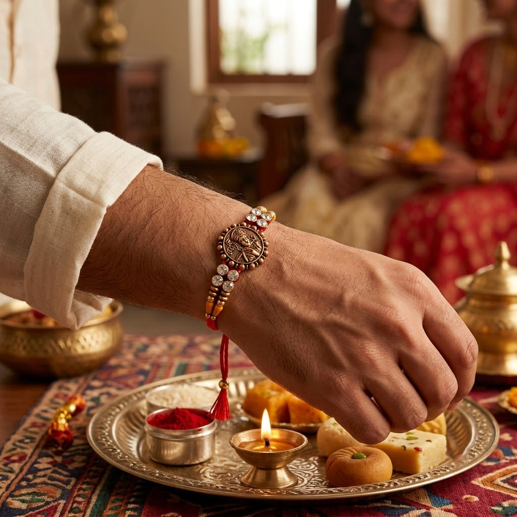 Traditional Divine Krishna and Orange Flower Rakhi (Set of 2)