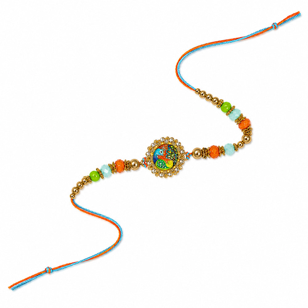 Golden Peacock Motif Floral Dial Orange and Green Bead Rakhi