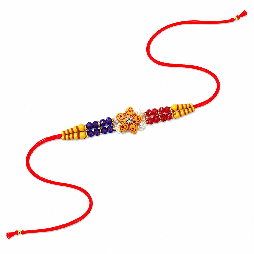 Vibrant Red Blue Crystal and Yellow Bead Wooden Floral Rakhi