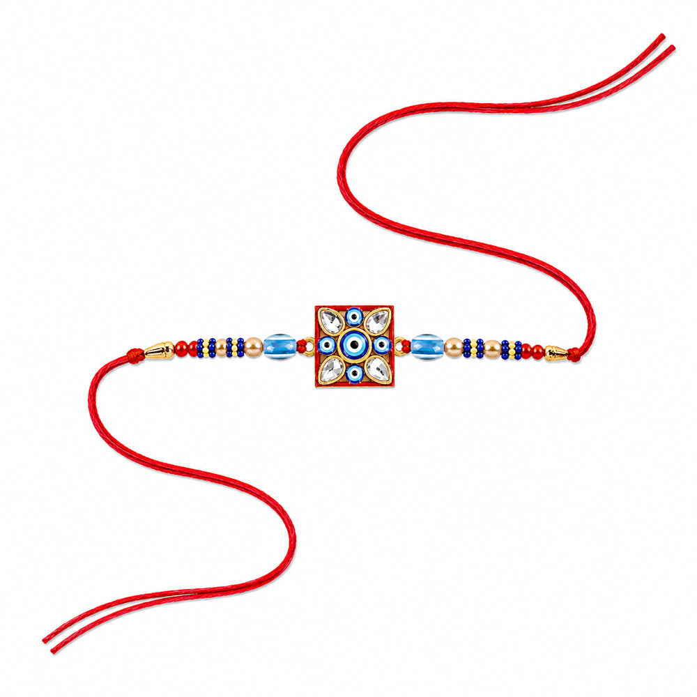 Red and Blue Beaded Square Evil Eye Medallion Rakhi