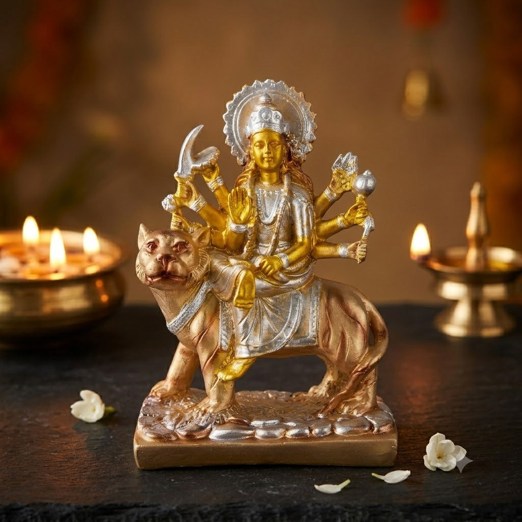 Premium Silver & Gold Maa Durga Resin Statue