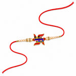 Multicolor Striped Swastik Emblem Golden Pearl Rakhi