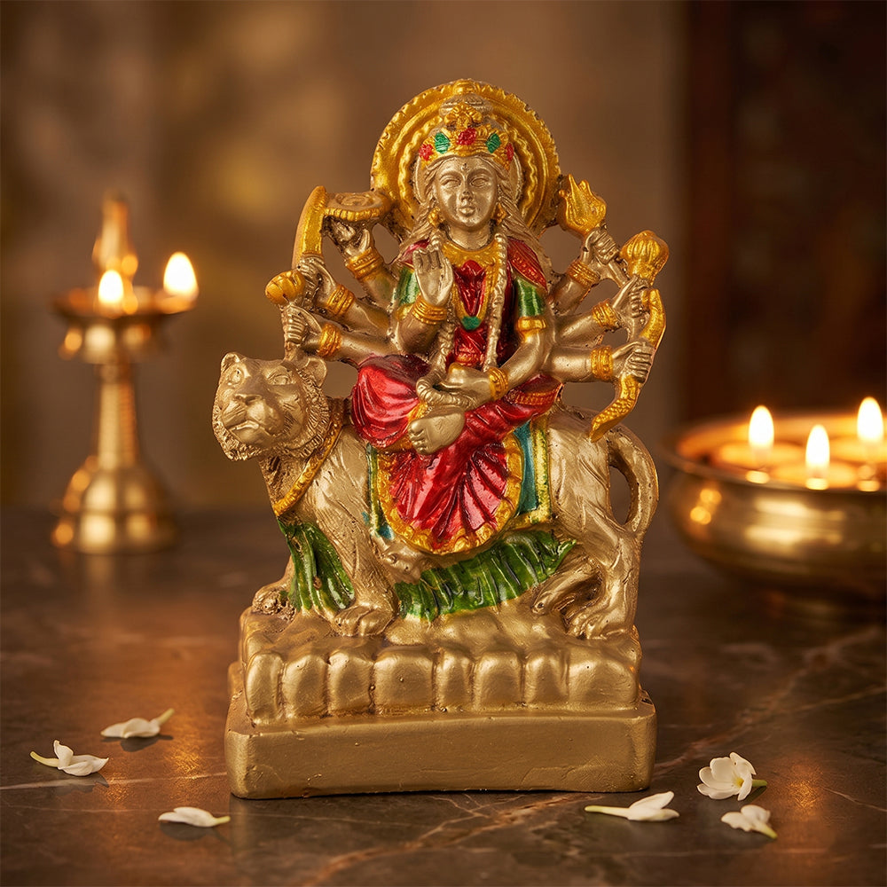 Premium Gold Crimson & Green Maa Durga Resin Statue