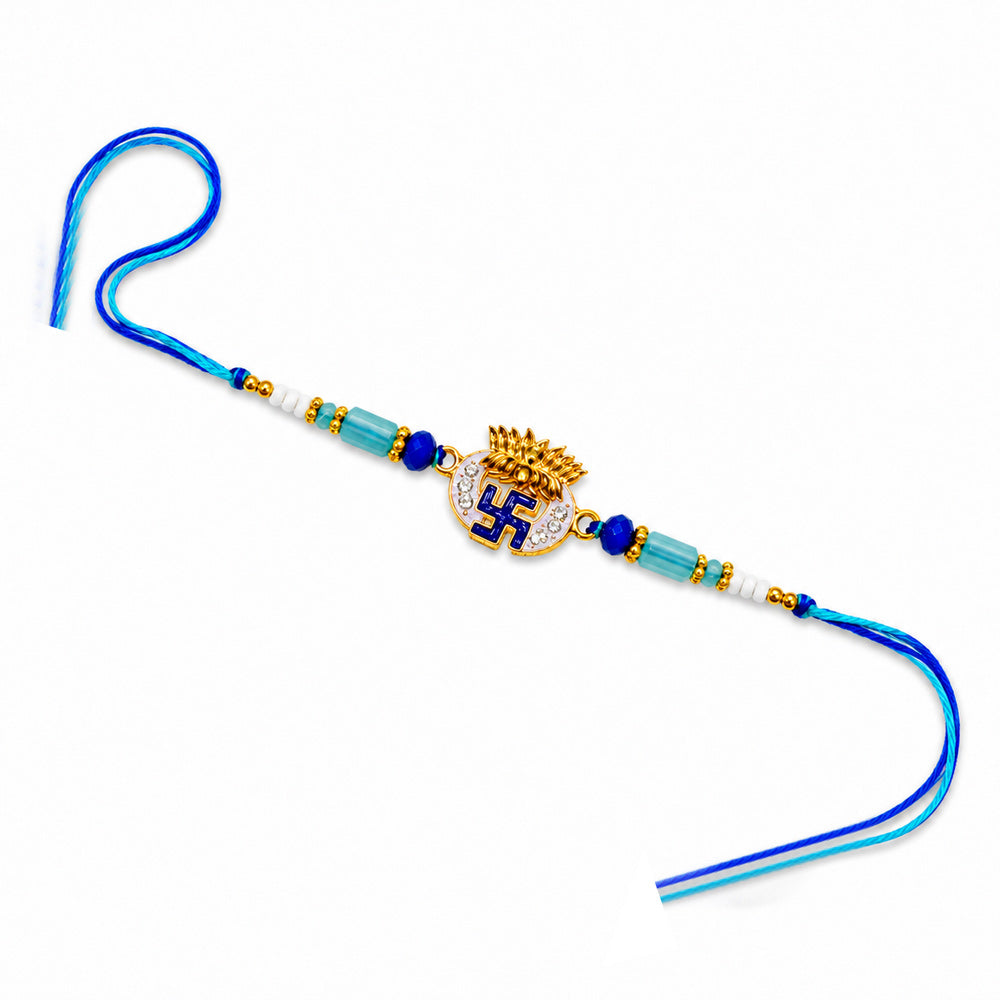Royal Blue Swastik and Turquoise Beaded Rakhi