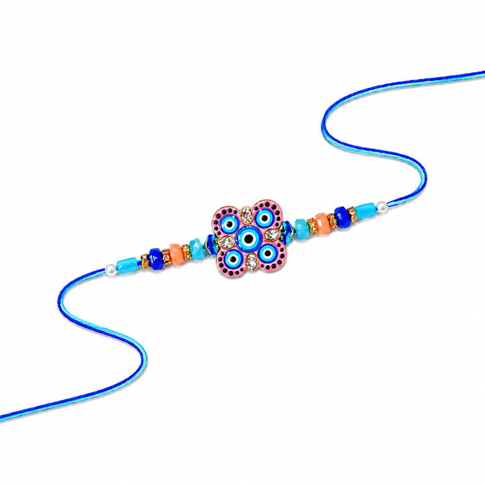 Evil Eye Floral Medallion Blue Crystal Beaded Rakhi