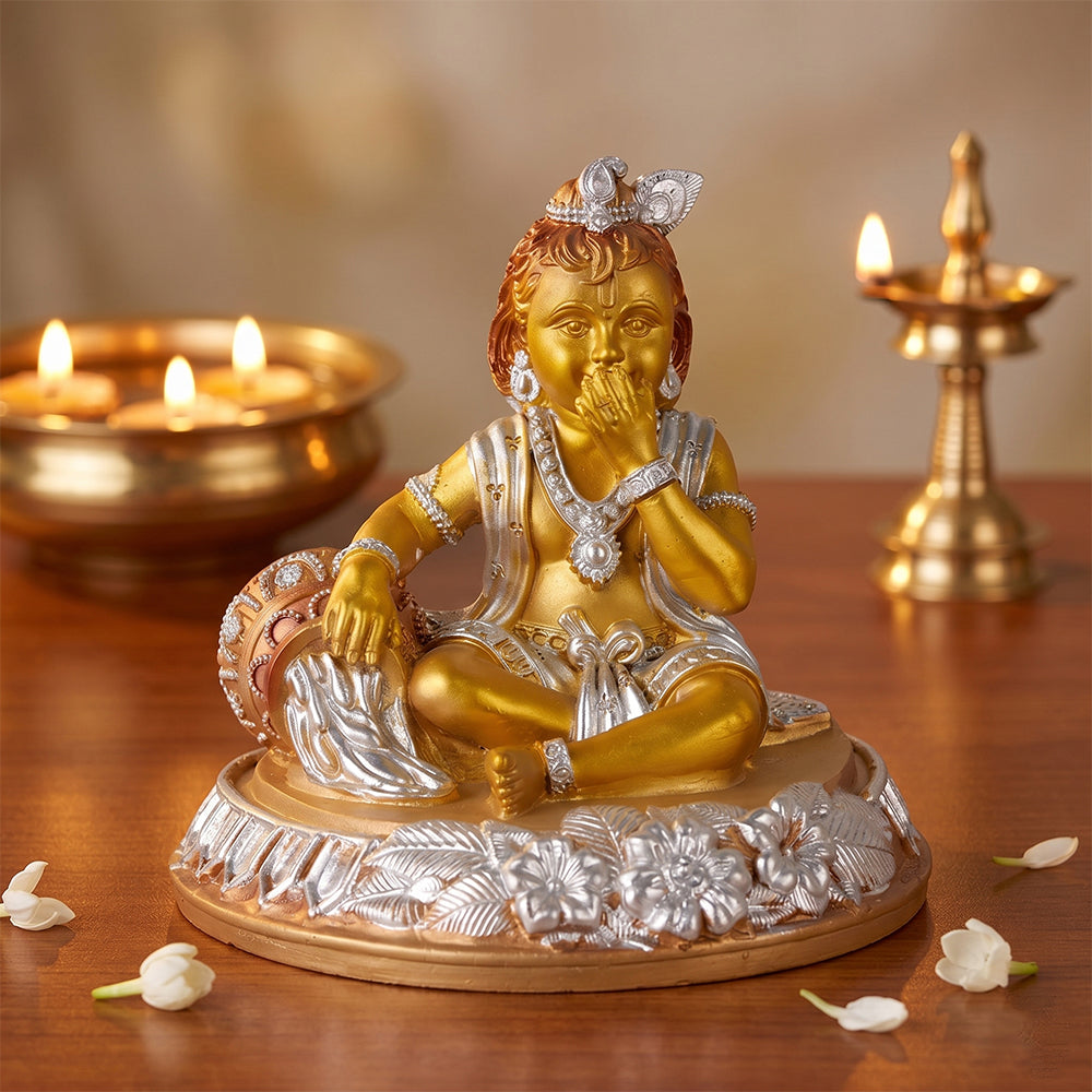 Premium Silver & Gold Laddu Gopal Resin Statue