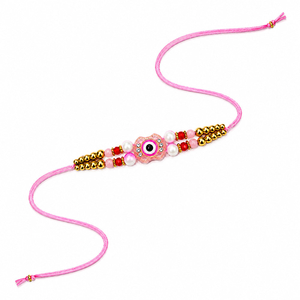 Pretty Pink Enamel Medallion Double Strand Beaded Rakhi