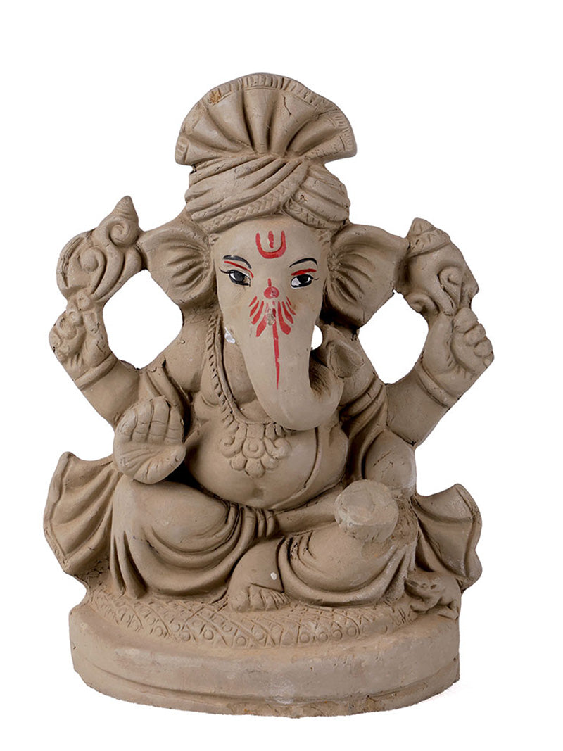 6 Inch Traditional Eco-Friendly Natural Clay Ganesha Idol with Pagdi